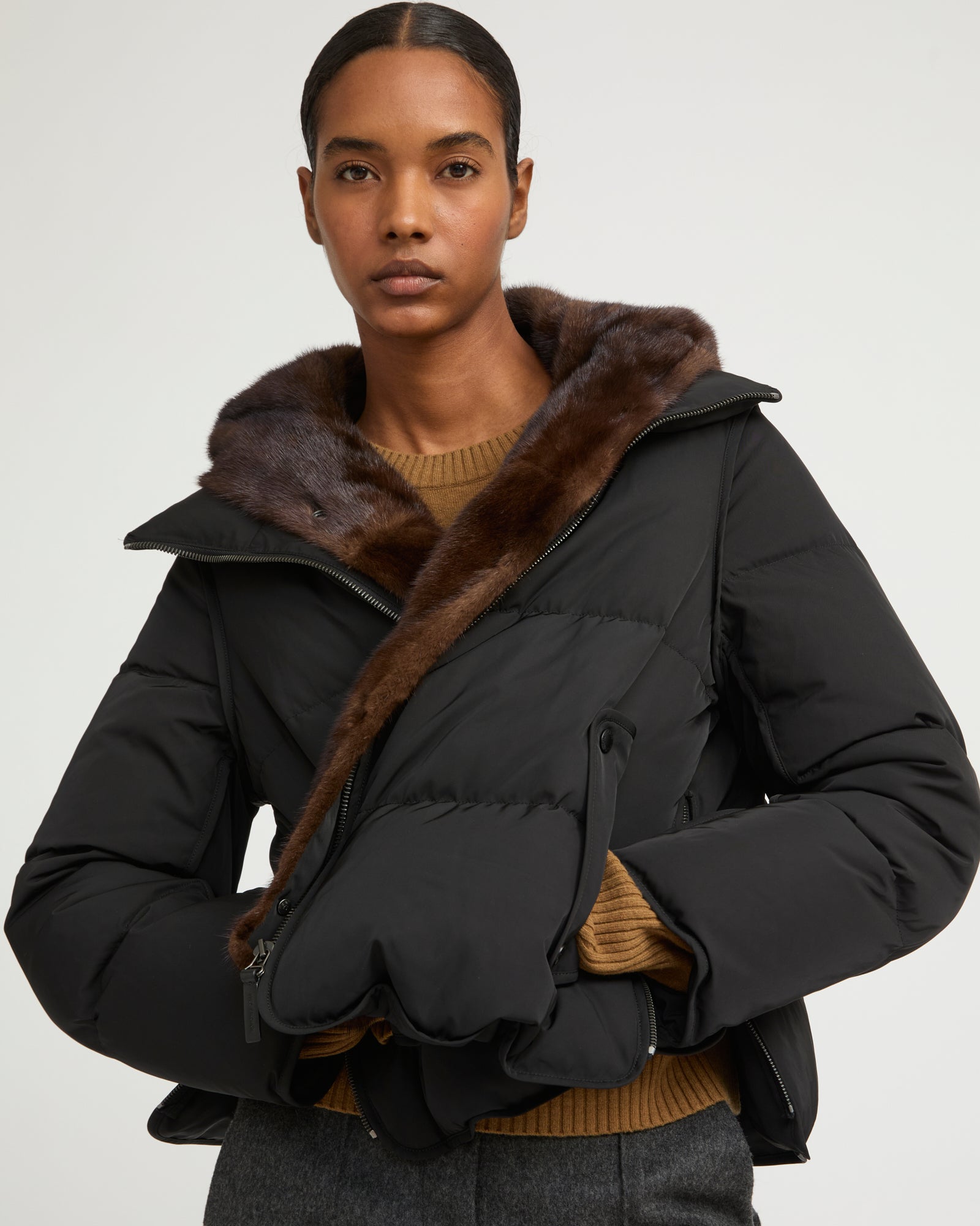 Iconic "A" line down jacke with mink fur hooded bib -Yves Salomon