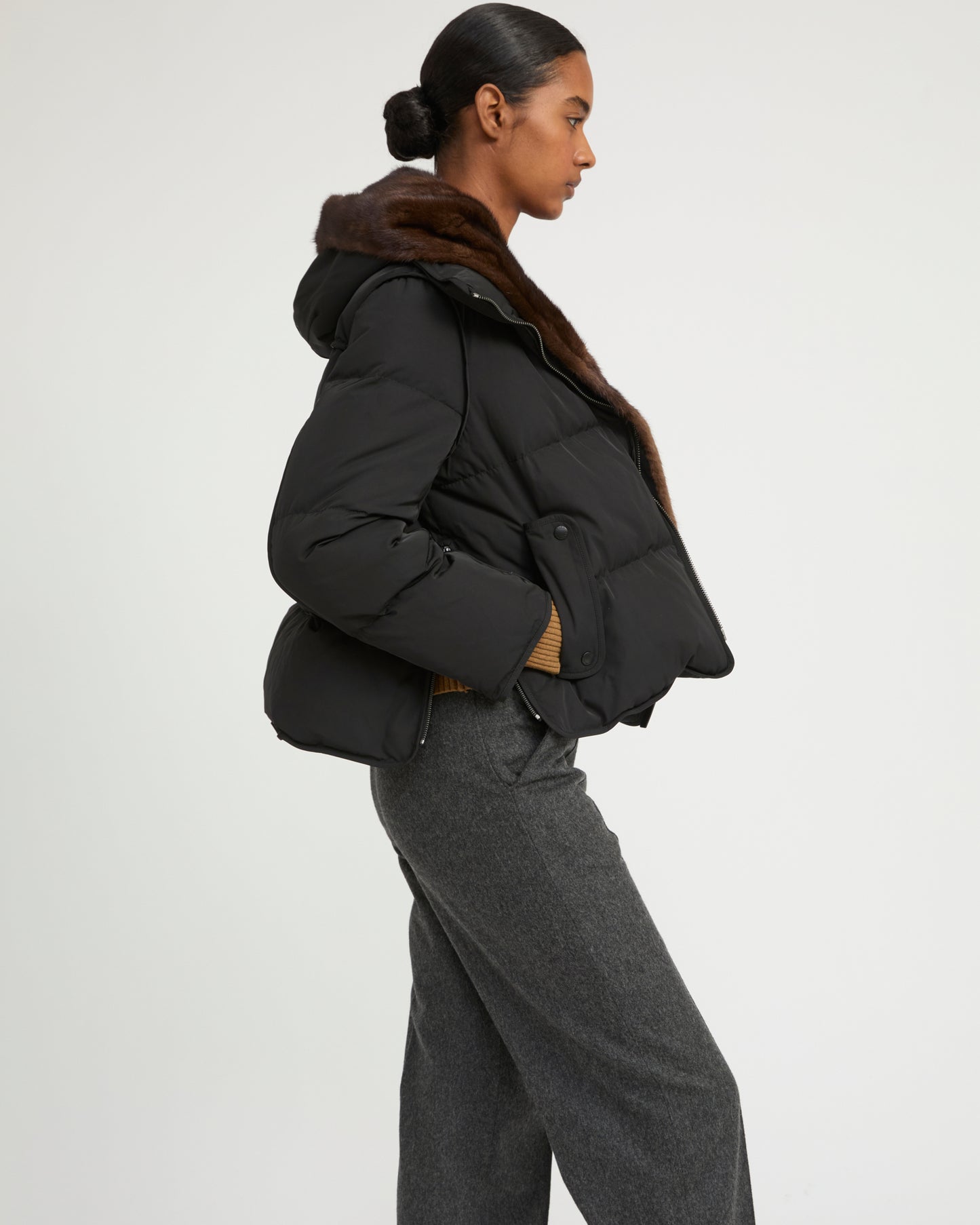 Iconic "A" line down jacke with mink fur hooded bib -Yves Salomon