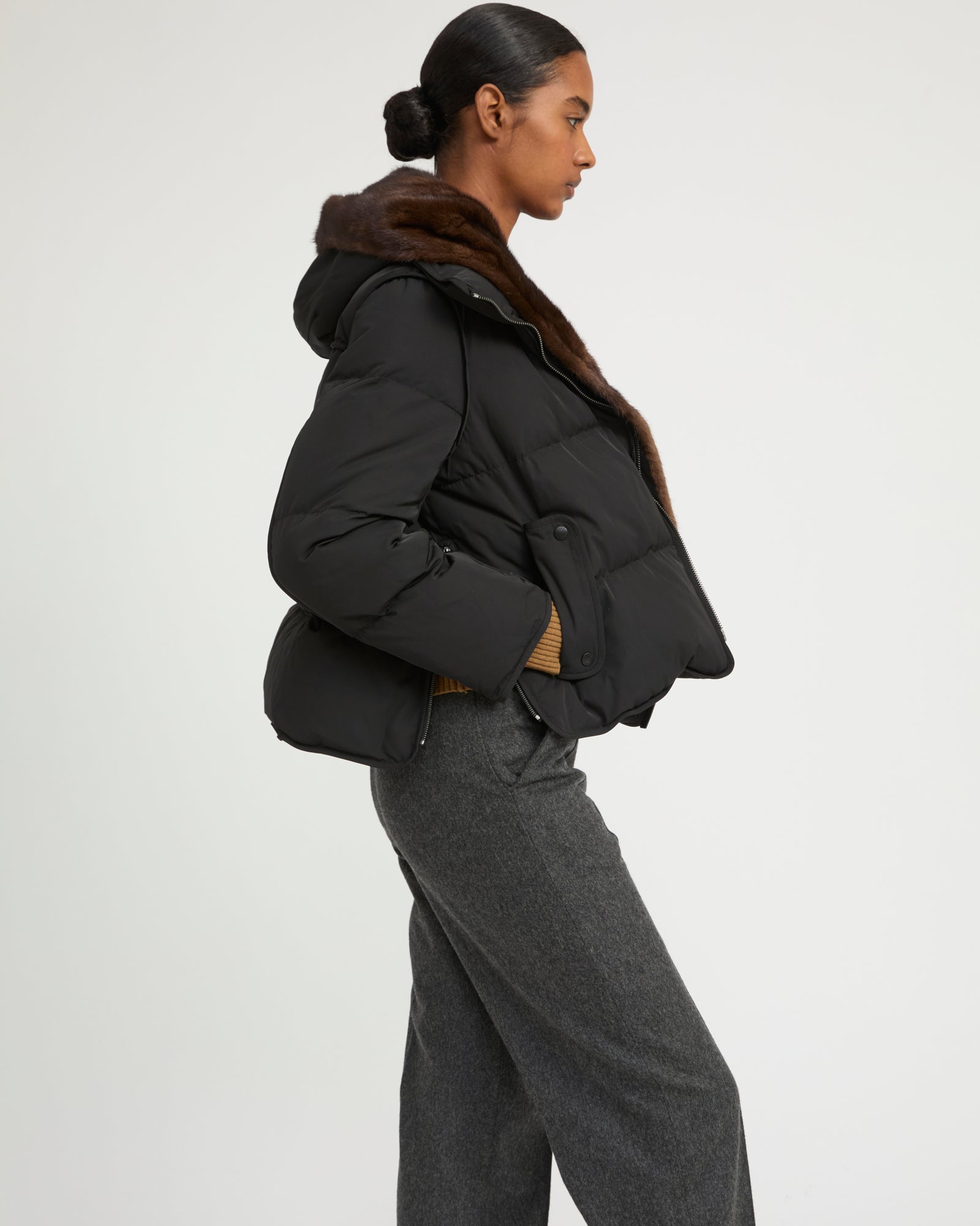 Iconic "A" line down jacke with mink fur hooded bib -Yves Salomon