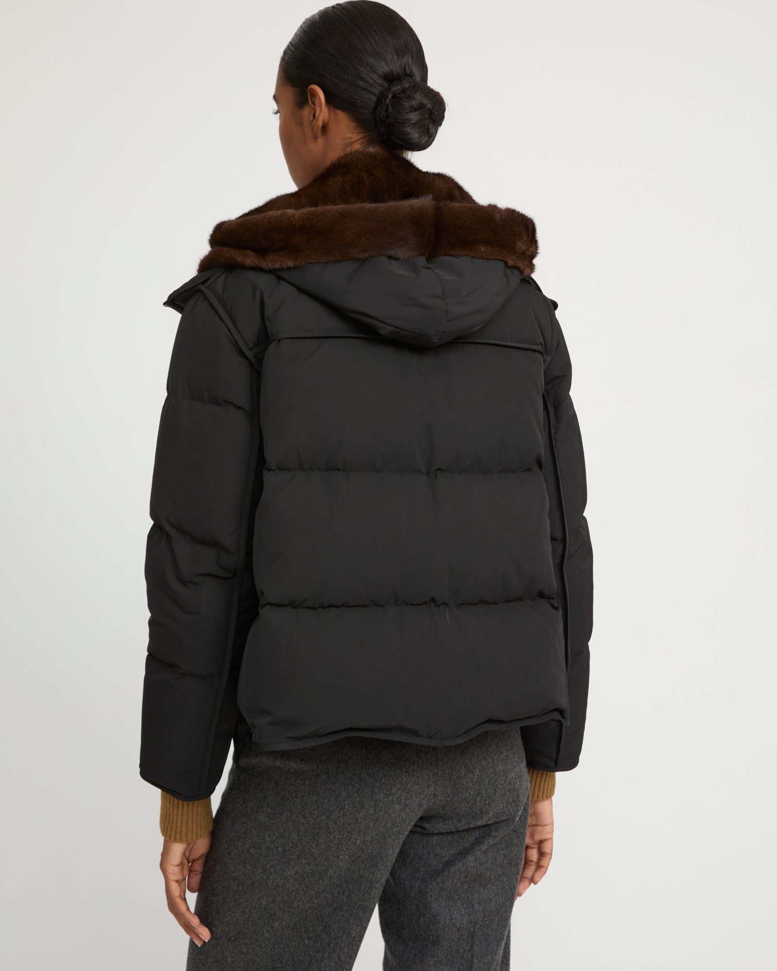 Iconic "A" line down jacke with mink fur hooded bib -Yves Salomon