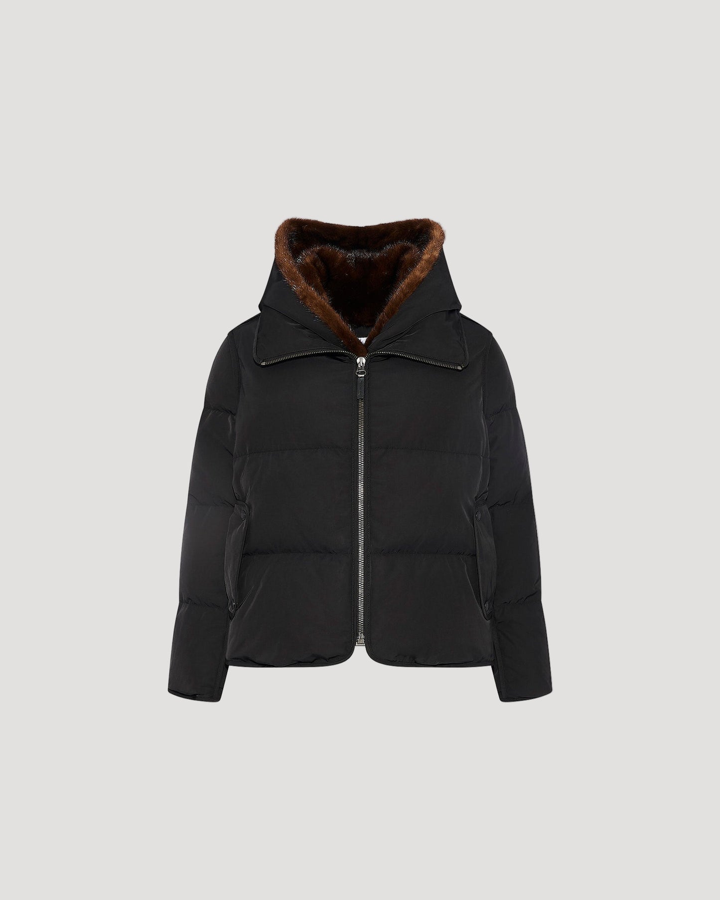Iconic "A" line down jacke with mink fur hooded bib