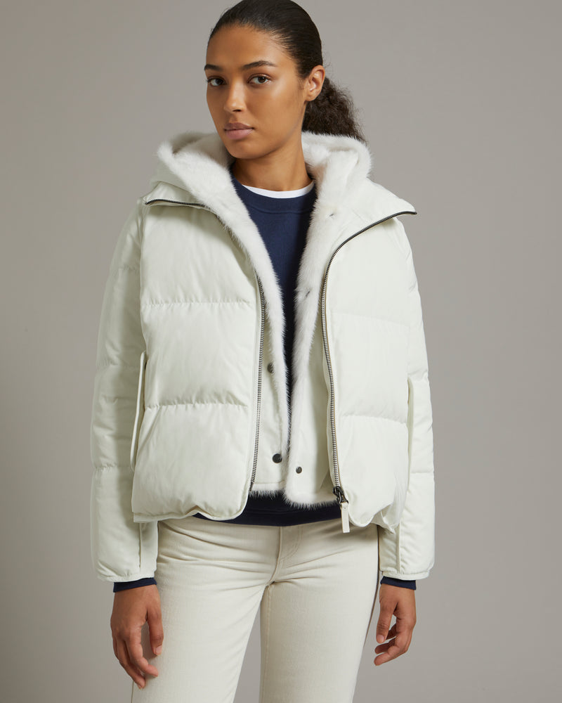 A line down jacket in technical fabric with long-haired mink hooded bib - white - Yves Salomon