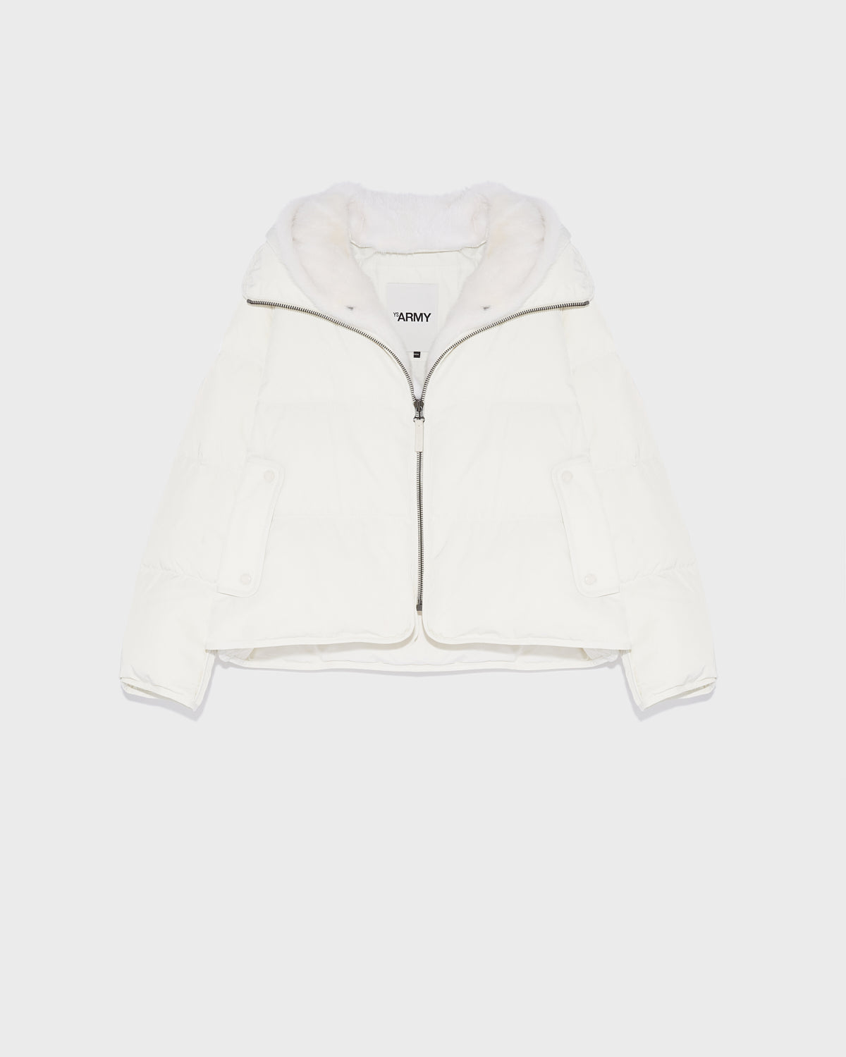 A line down jacket in technical fabric with long-haired mink hooded bib - white - Yves Salomon
