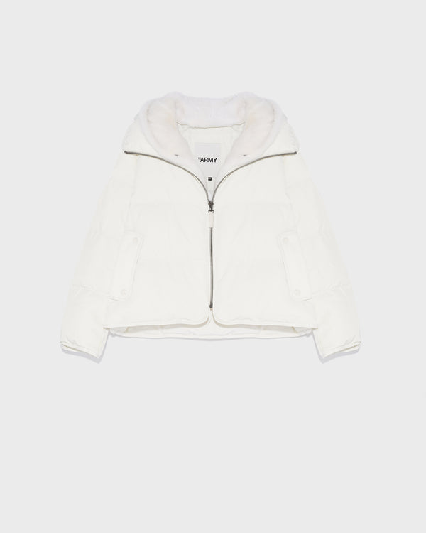 A line down jacket in technical fabric with long-haired mink hooded bib - white - Yves Salomon