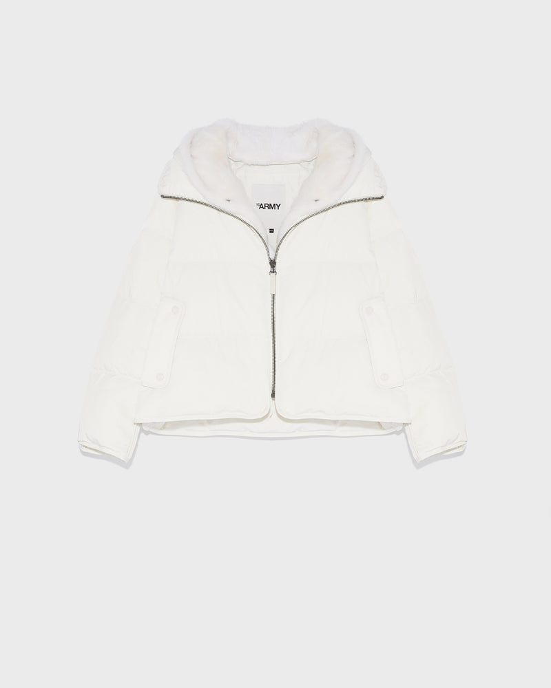 A line down jacket in technical fabric with long-haired mink hooded bib - white - Yves Salomon