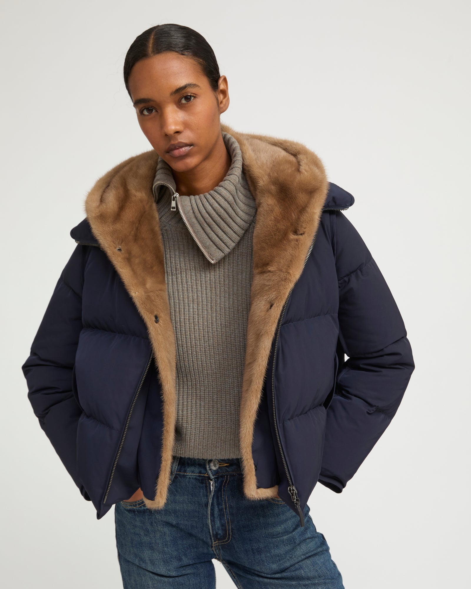 Iconic "A" line down jacke with mink fur hooded bib -Yves Salomon