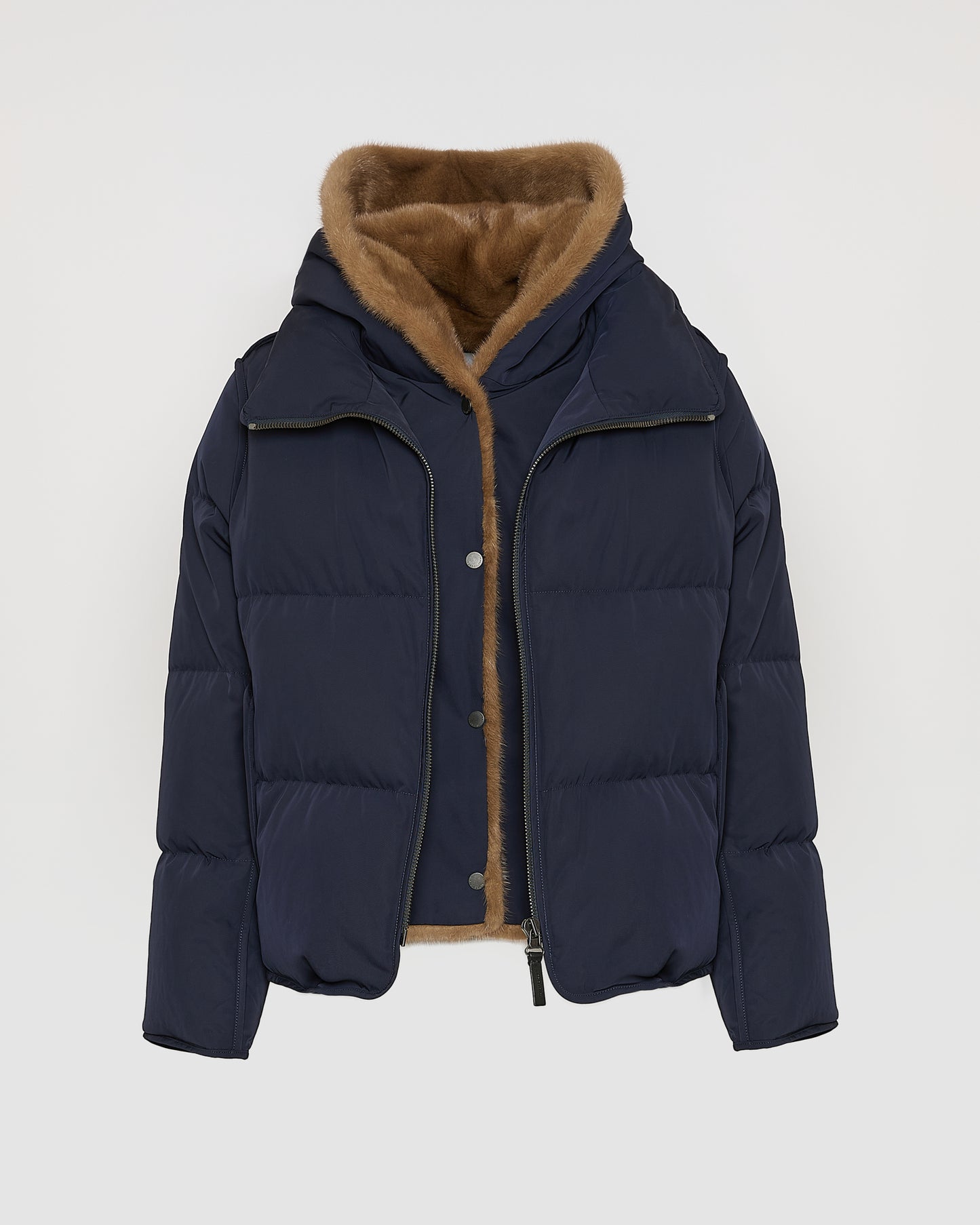 Iconic "A" line down jacke with mink fur hooded bib -Yves Salomon