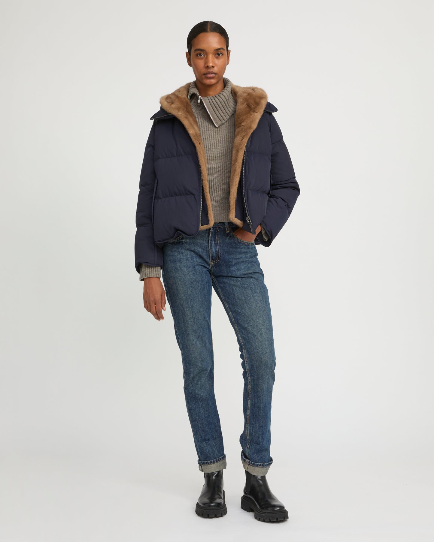 Iconic "A" line down jacke with mink fur hooded bib -Yves Salomon