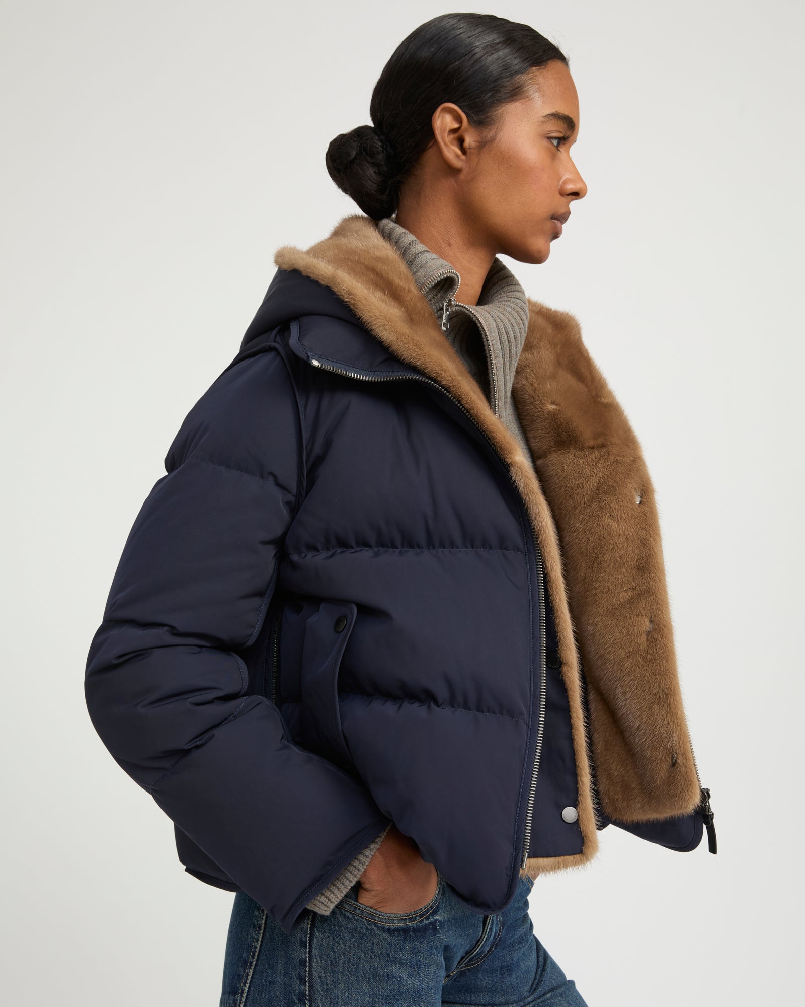Iconic "A" line down jacke with mink fur hooded bib -Yves Salomon