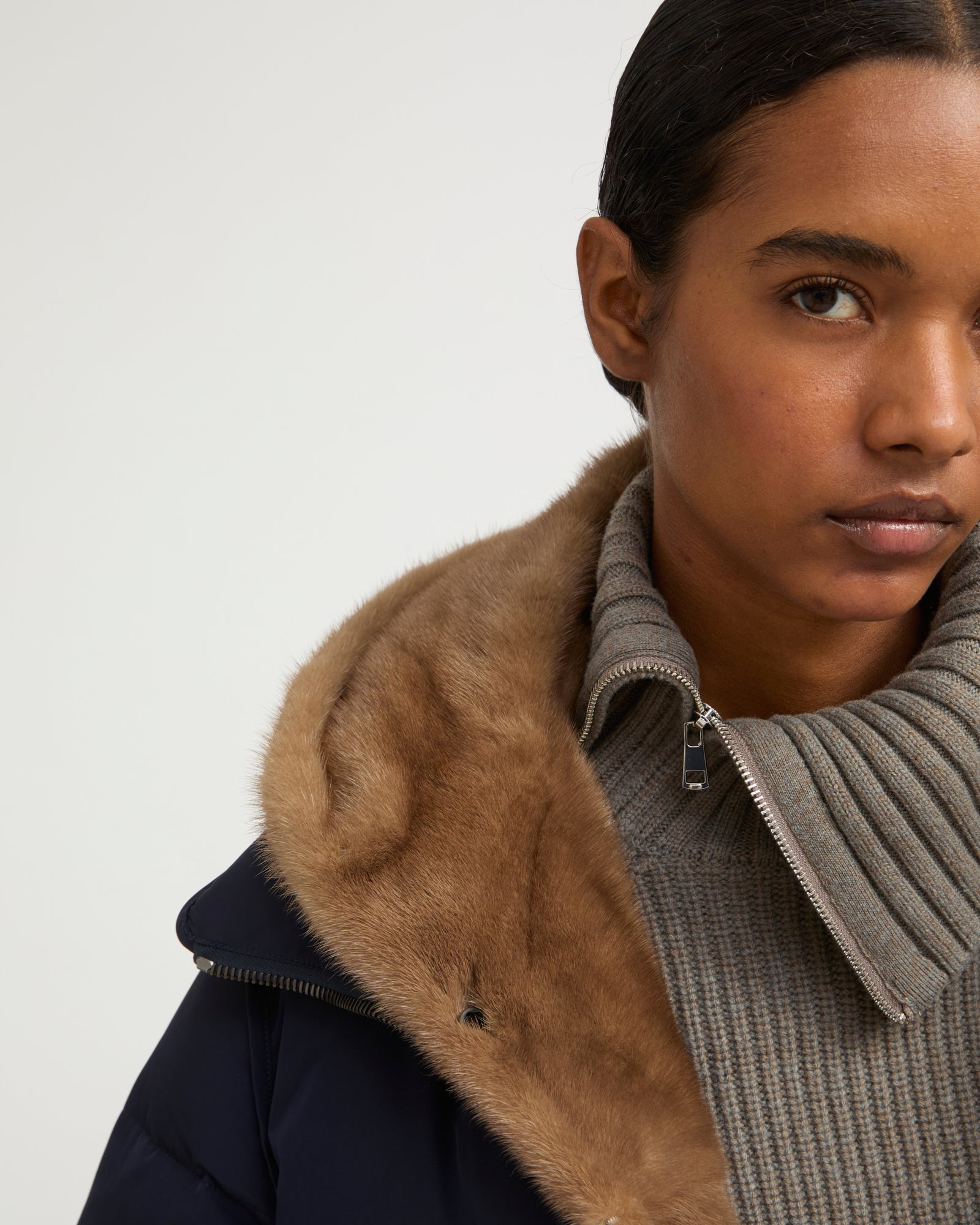Iconic "A" line down jacke with mink fur hooded bib -Yves Salomon