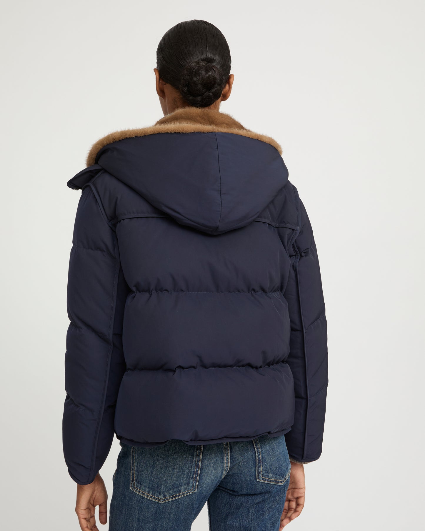 Iconic "A" line down jacke with mink fur hooded bib -Yves Salomon