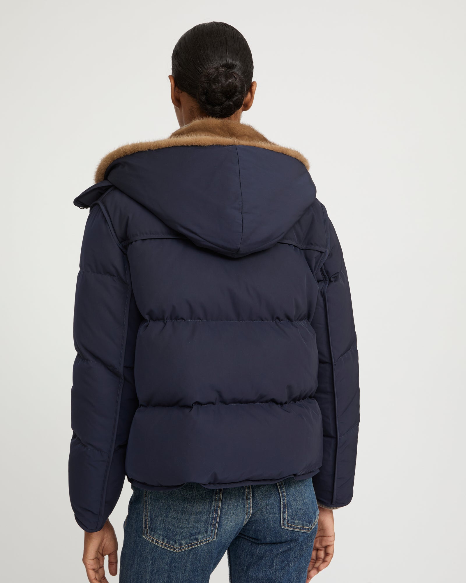 Iconic "A" line down jacke with mink fur hooded bib -Yves Salomon