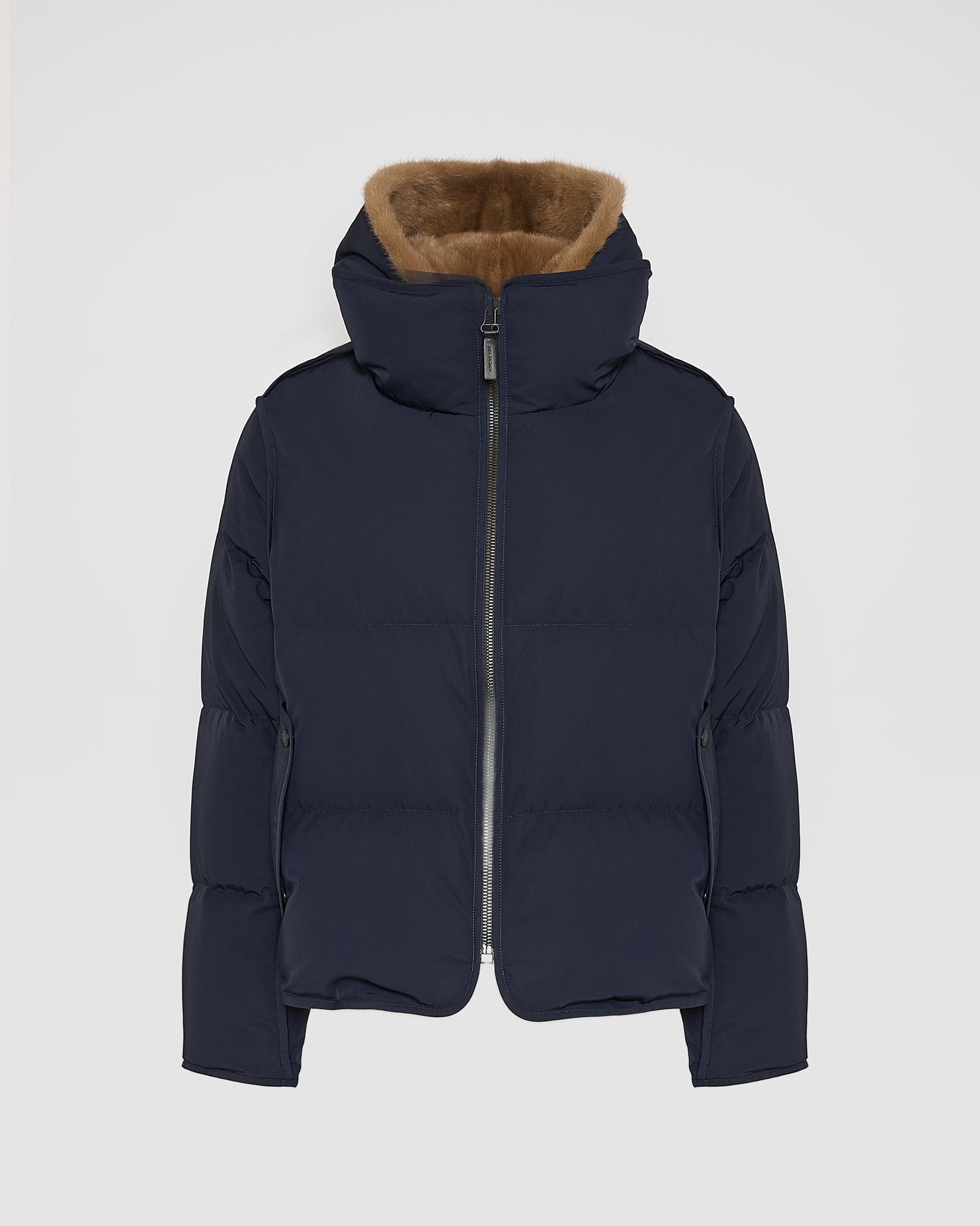 Iconic "A" line down jacke with mink fur hooded bib -Yves Salomon