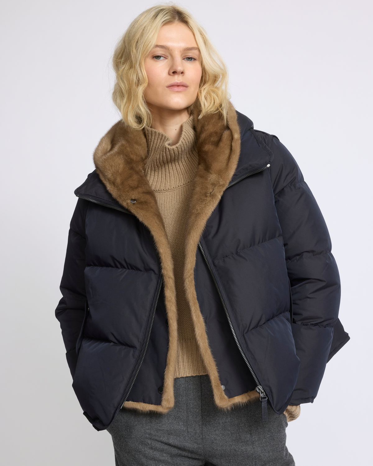 Iconic "A" line down jacket with mink fur hooded bib - Yves Salomon - New Fall/Winter Collection