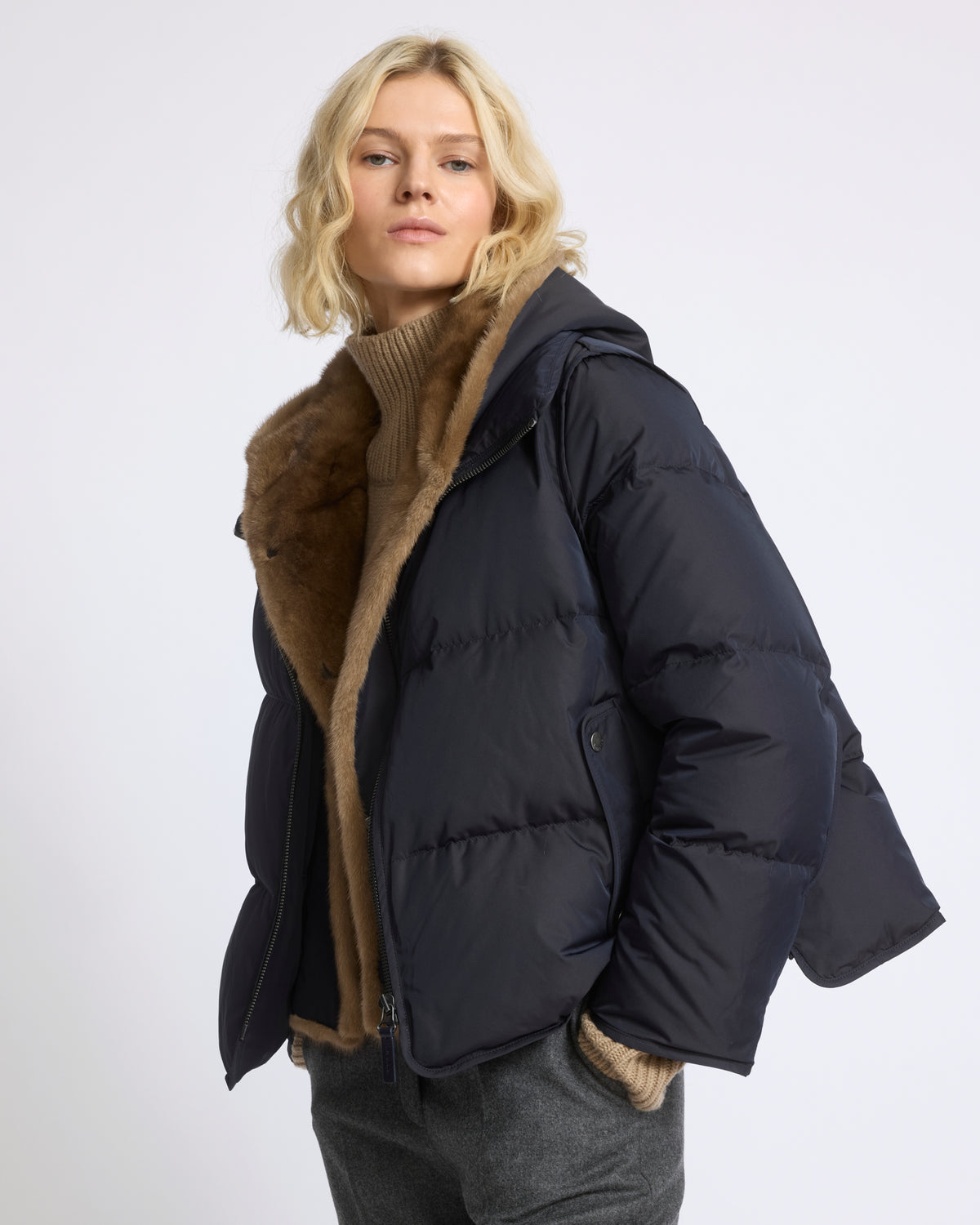 Iconic "A" line down jacket with mink fur hooded bib - Yves Salomon - New Fall/Winter Collection