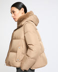 Iconic "A" line down jacket with mink fur hooded bib