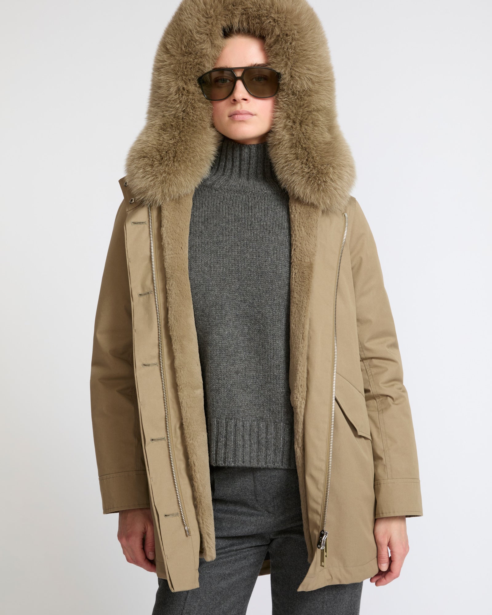 Short Iconic parka in waterproof cotton blend with fox and rabbit fur - Yves Salomon - New Fall Winter Collection