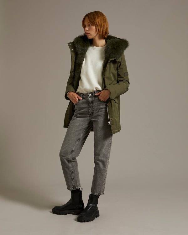 Short parka in waterproof cotton blend with fox and rabbit fur - khaki - Yves Salomon