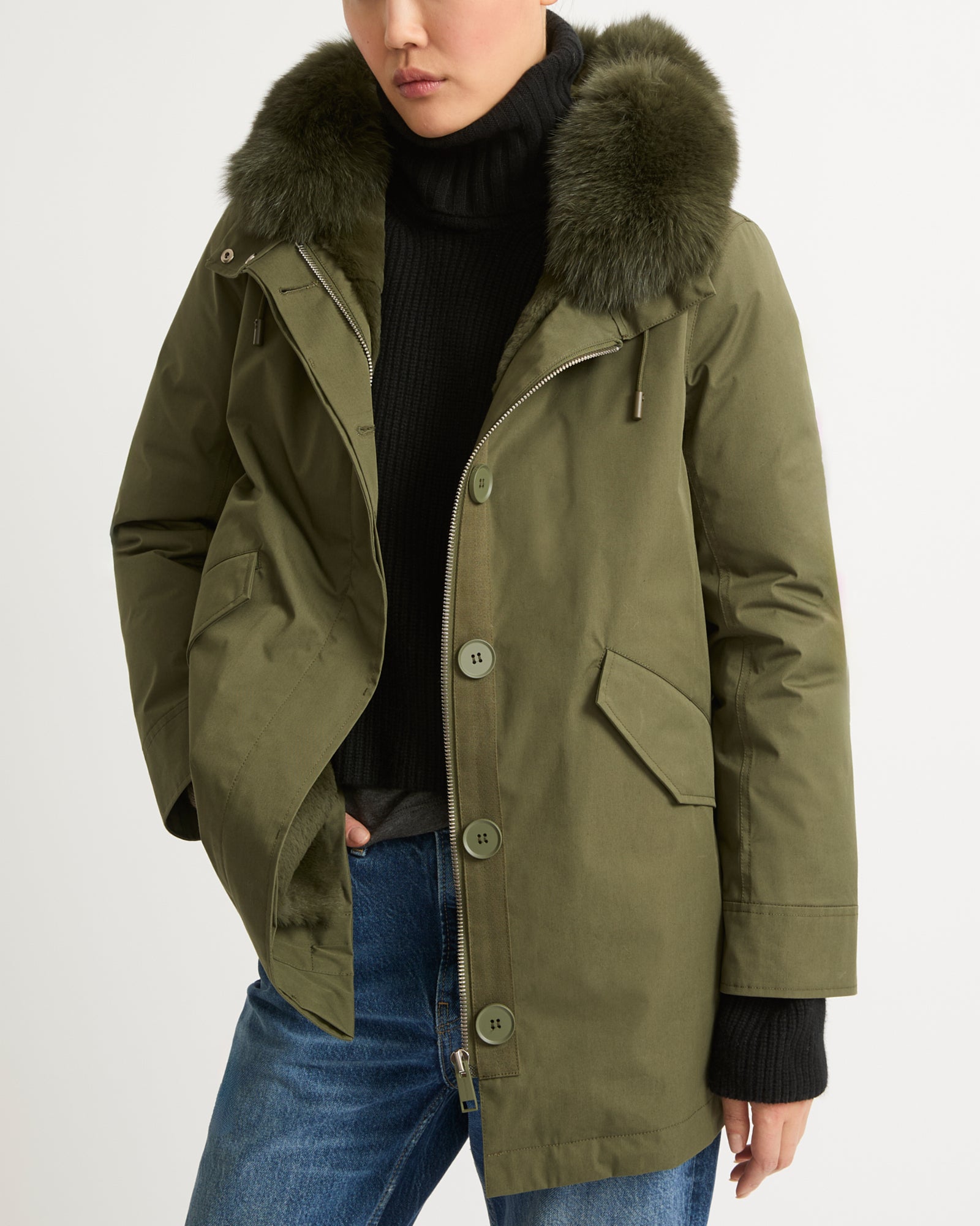 Short parka in waterproof cotton blend with fox and rabbit fur