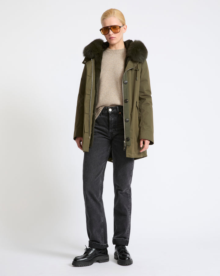 Short Iconic parka in waterproof cotton blend with fox and rabbit fur