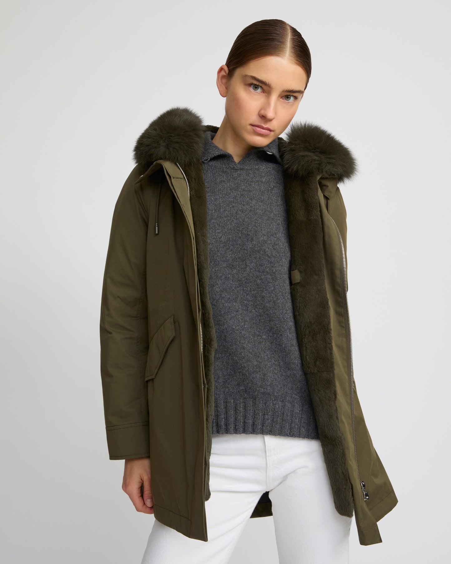 Short Iconic parka in waterproof cotton blend with fox and rabbit fur