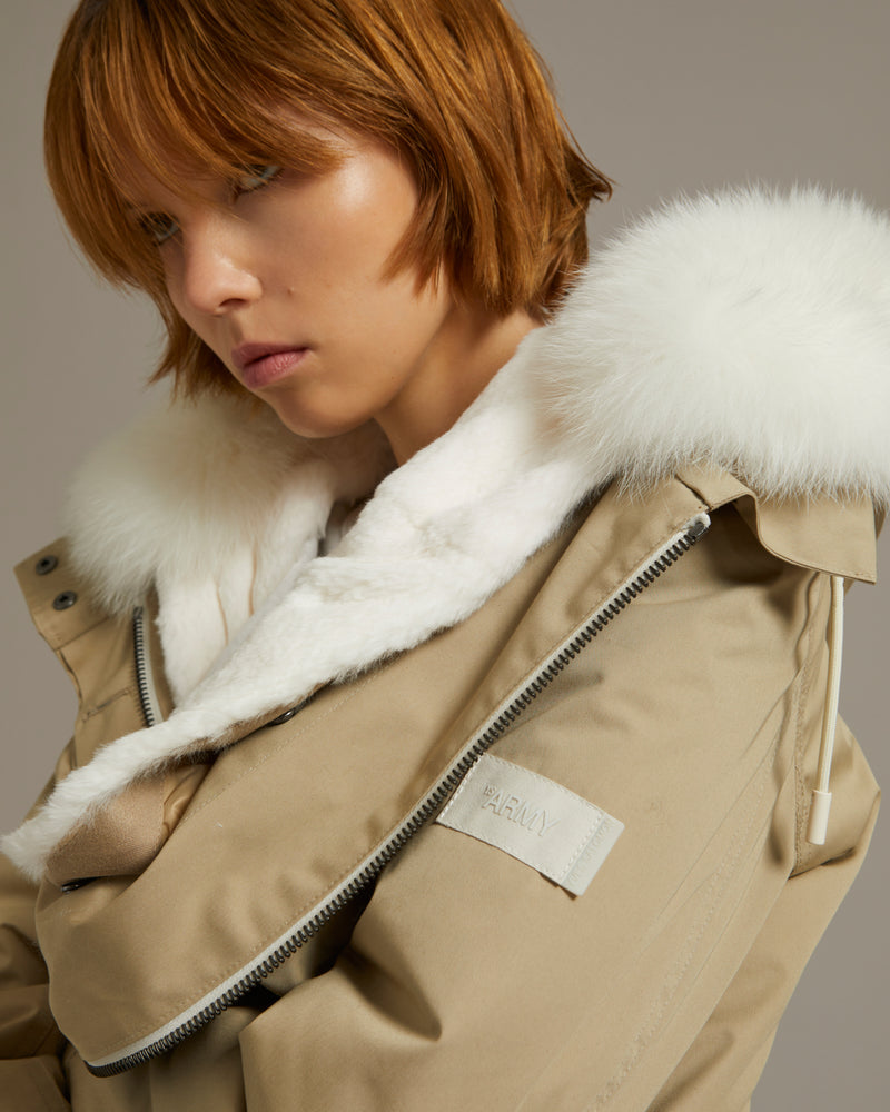 Short parka in waterproof cotton blend with fox and rabbit fur