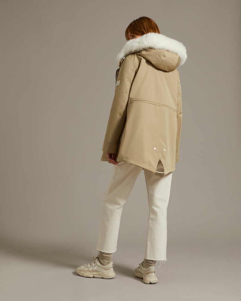 Short parka in waterproof cotton blend with fox and rabbit fur - beige - Yves Salomon