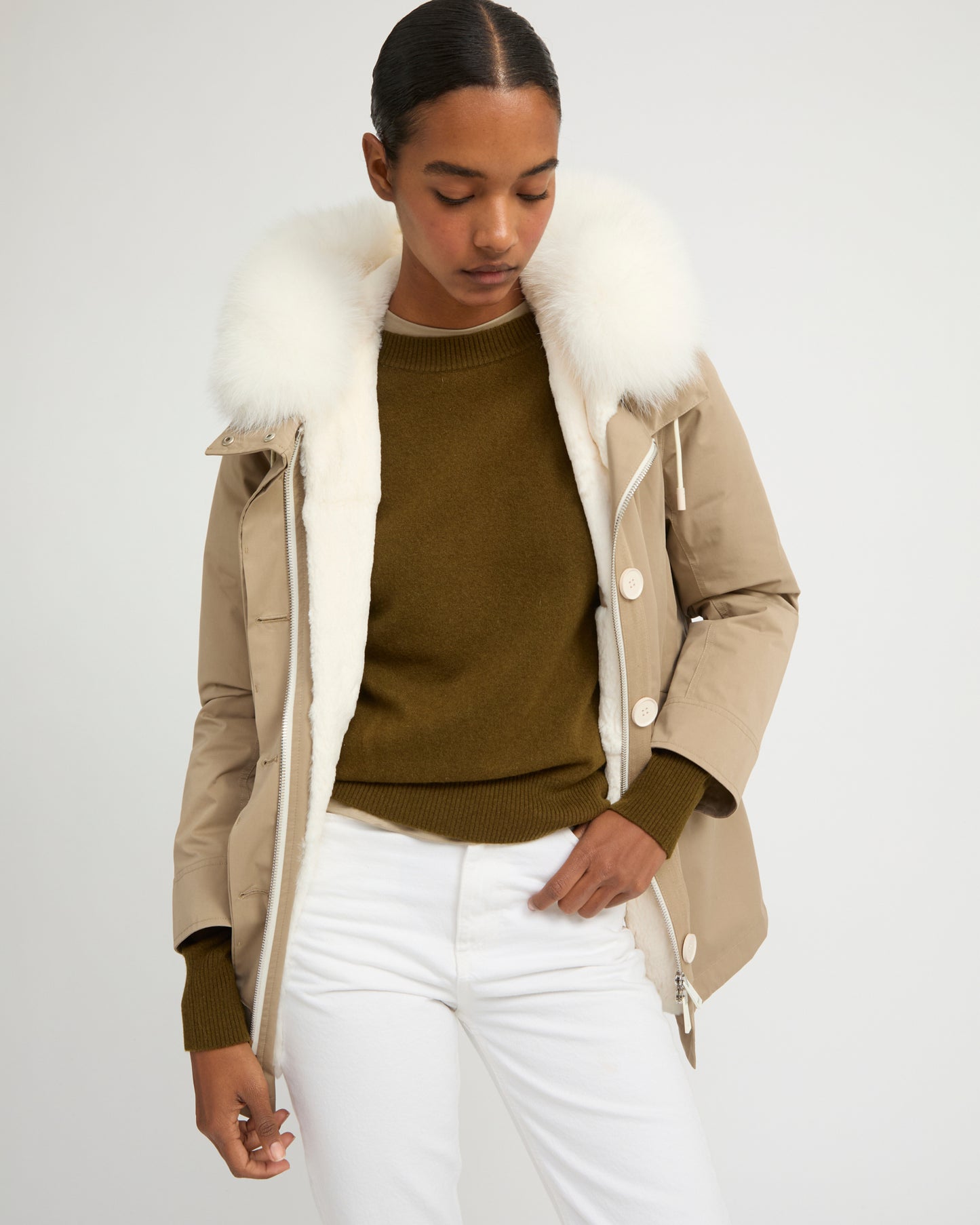 Short Iconic parka in waterproof cotton blend with fox and rabbit fur