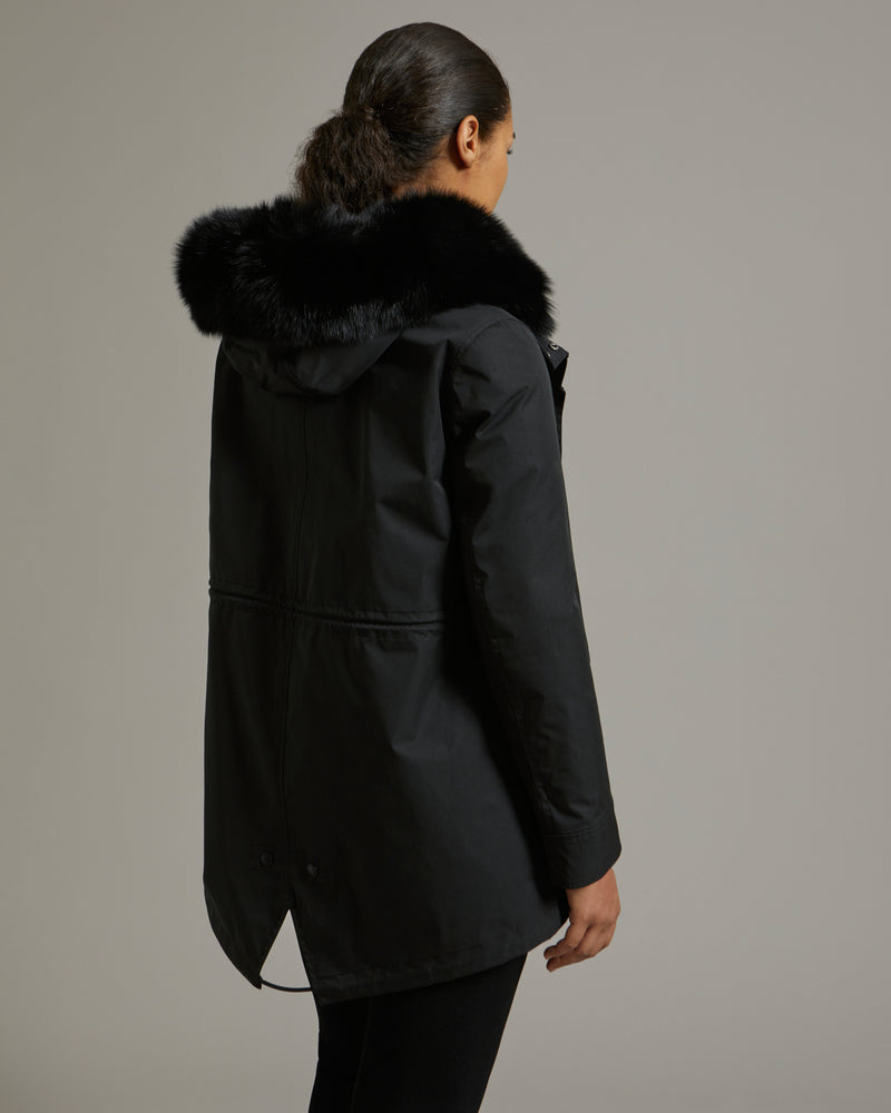 Short parka in waterproof cotton blend with fox and rabbit fur - black - Yves Salomon