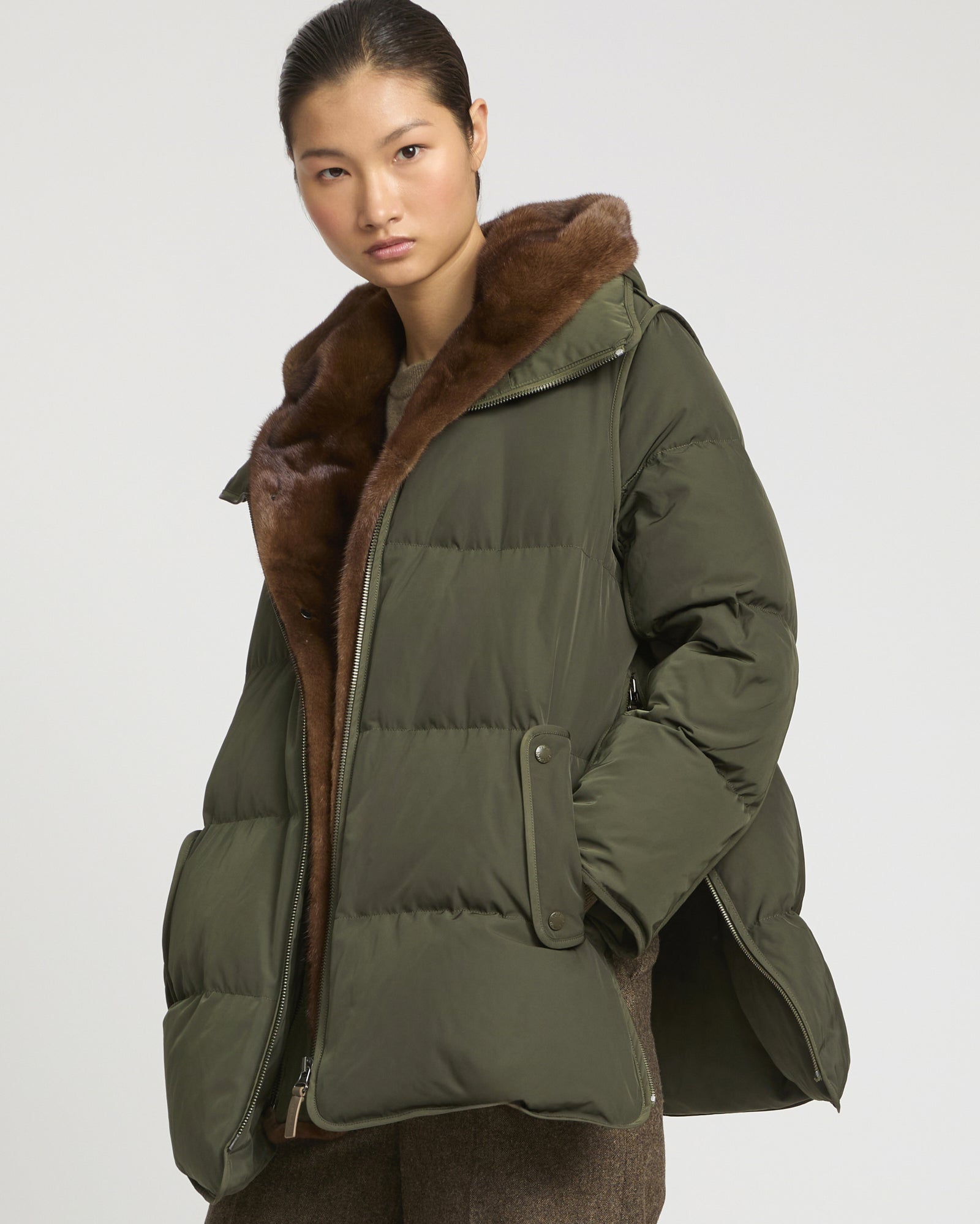 "A" Line down jacket in technical fabric and mink fur -Yves Salomon