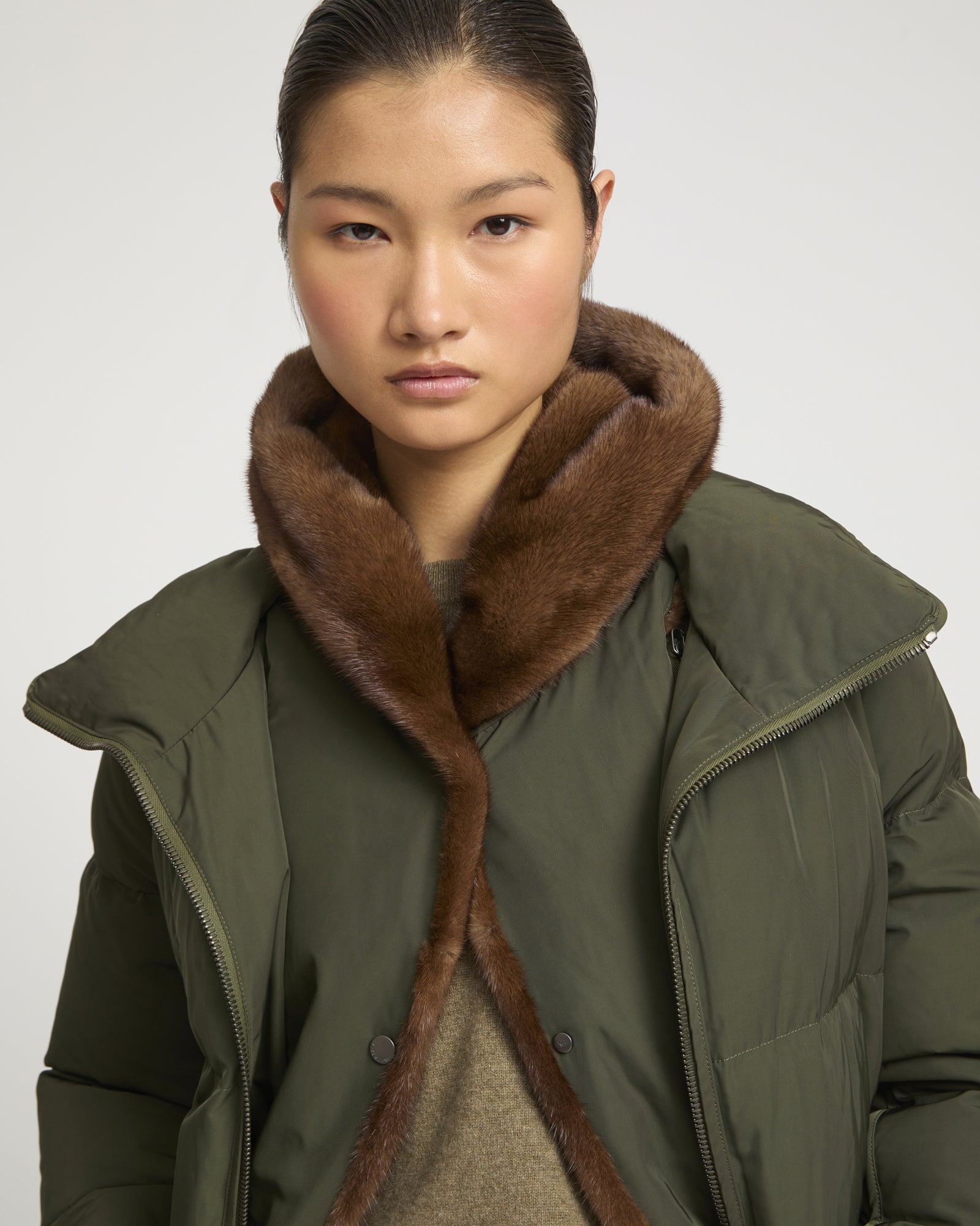 "A" Line down jacket in technical fabric and mink fur -Yves Salomon