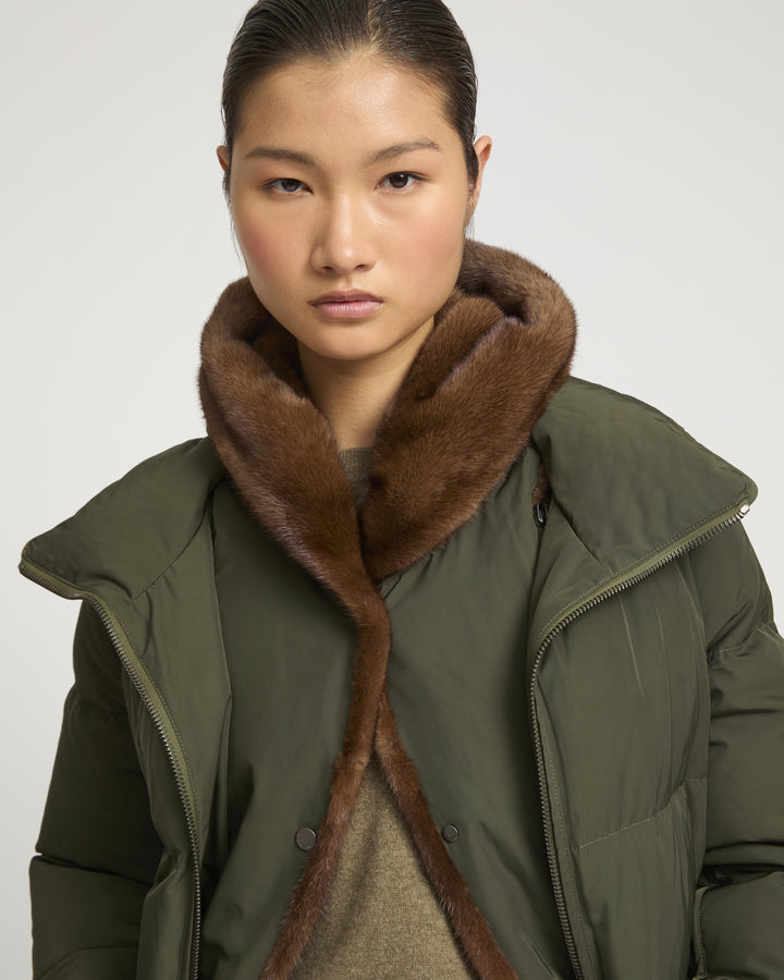 "A" Line down jacket in technical fabric and mink fur -Yves Salomon