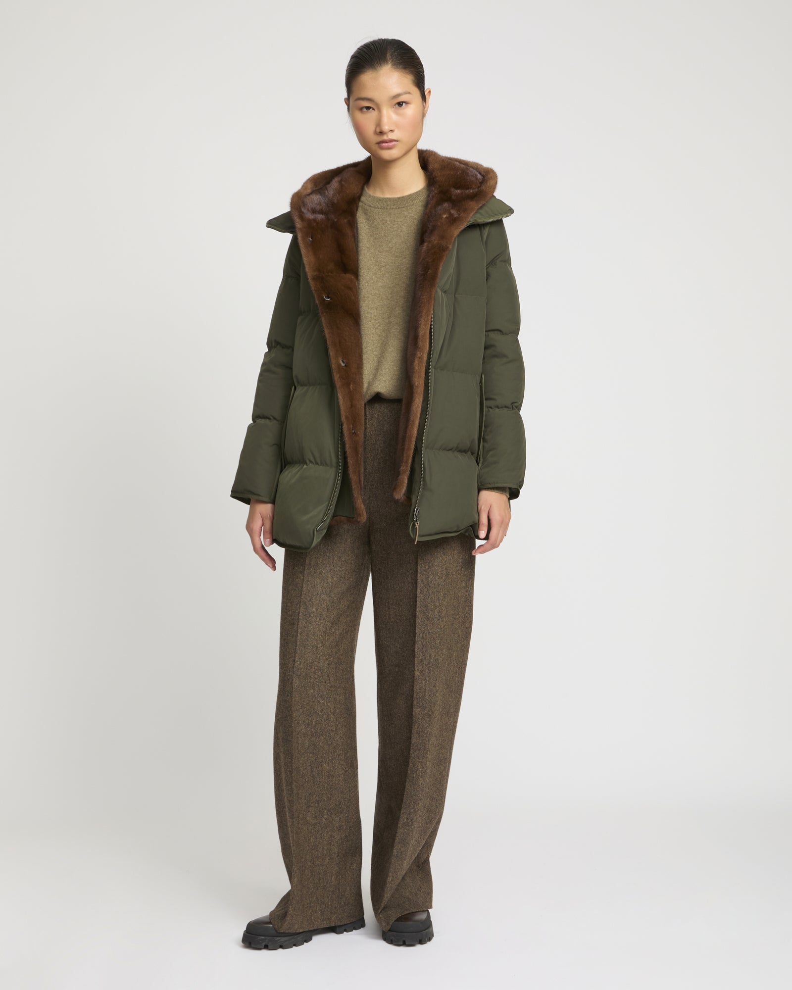 "A" Line down jacket in technical fabric and mink fur -Yves Salomon