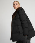 "A" Line down jacket in technical fabric and mink fur