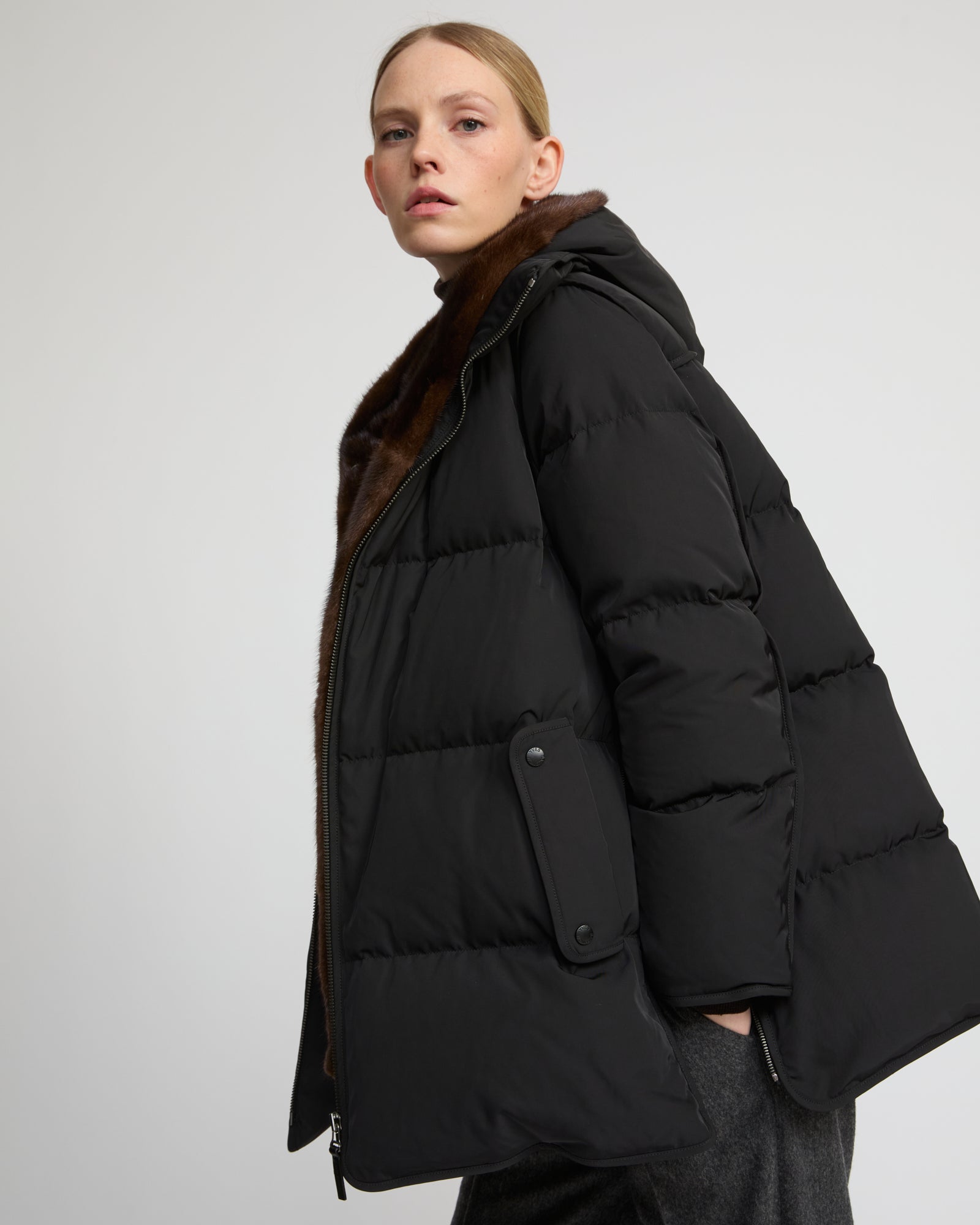 "A" Line puffer jacket in technical fabric and mink fur -Yves Salomon