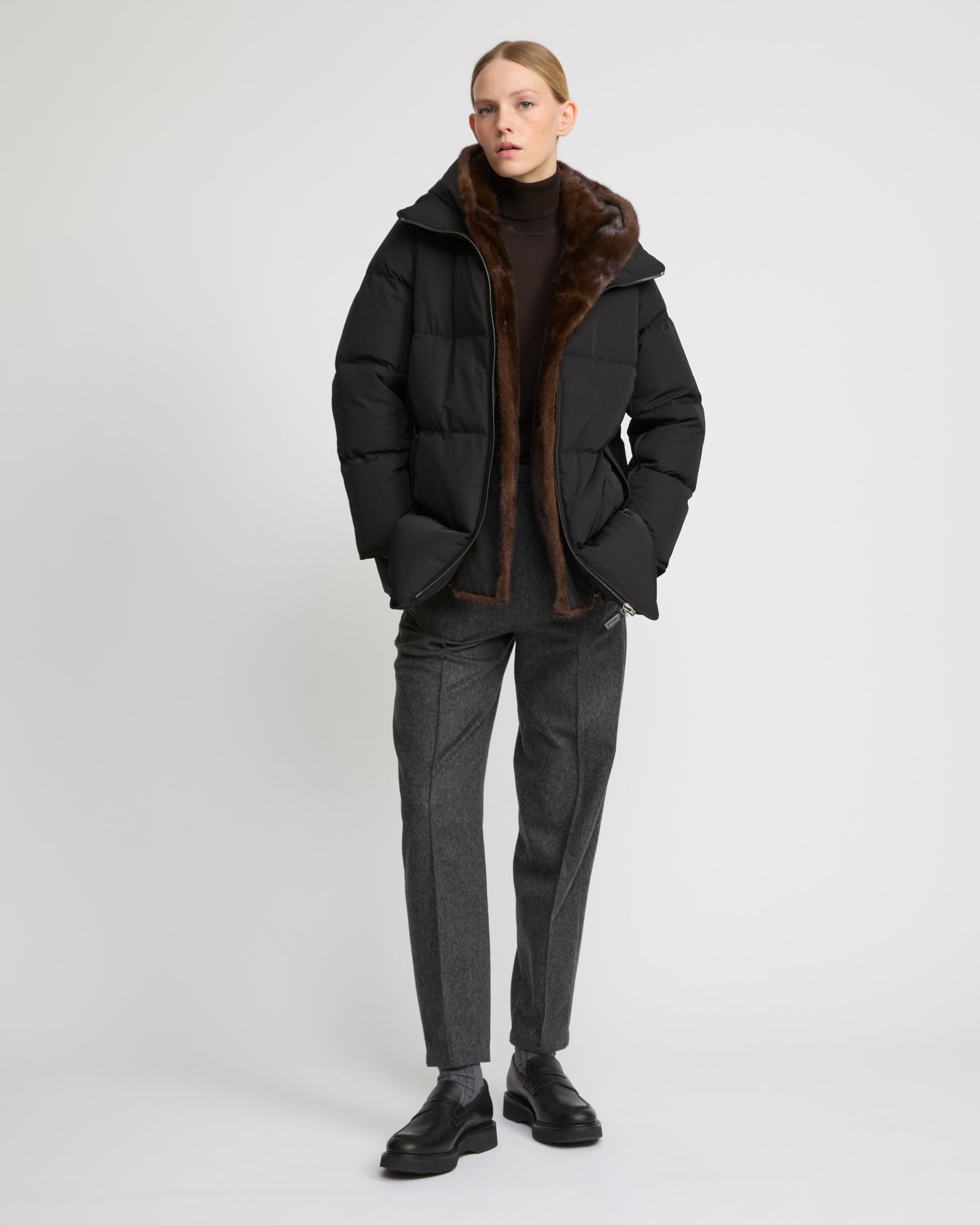 "A" Line puffer jacket in technical fabric and mink fur -Yves Salomon