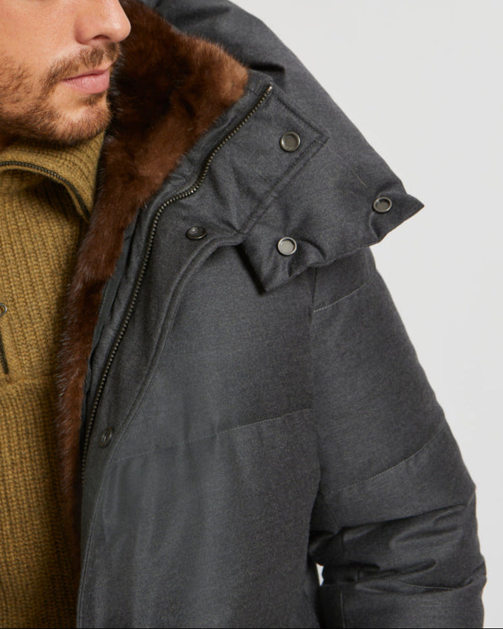 Black Friday - Yves Salomon - Short hooded waterproof wool and silk down jacket with mink fur collar - grey