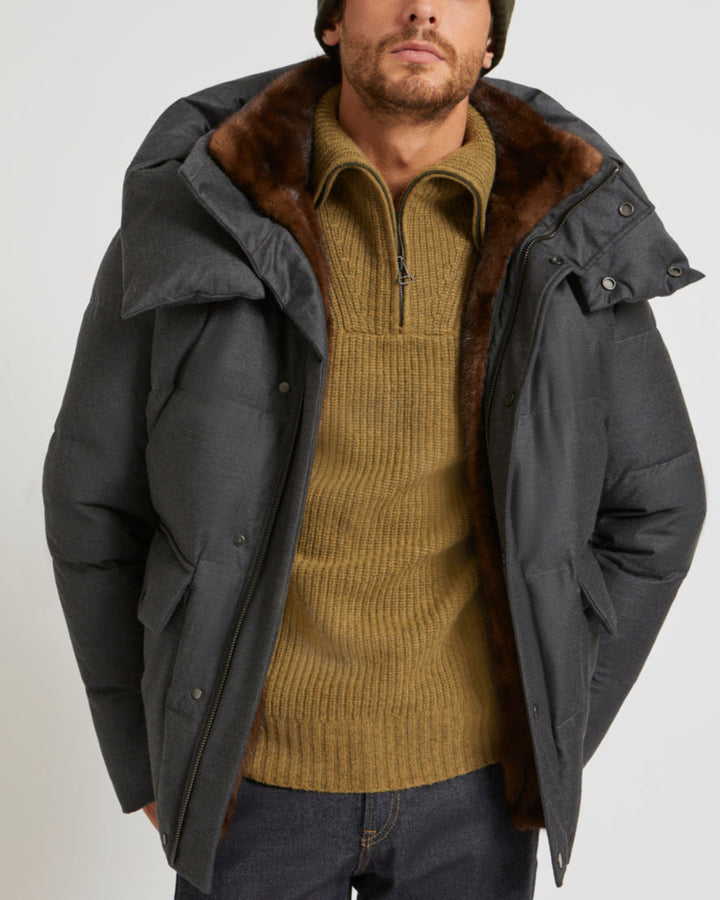 Black Friday - Yves Salomon - Short hooded waterproof wool and silk down jacket with mink fur collar - grey