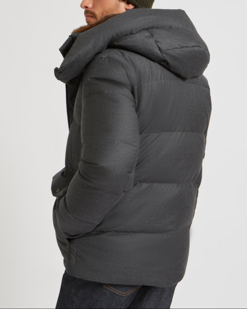 Black Friday - Yves Salomon - Short hooded waterproof wool and silk down jacket with mink fur collar - grey