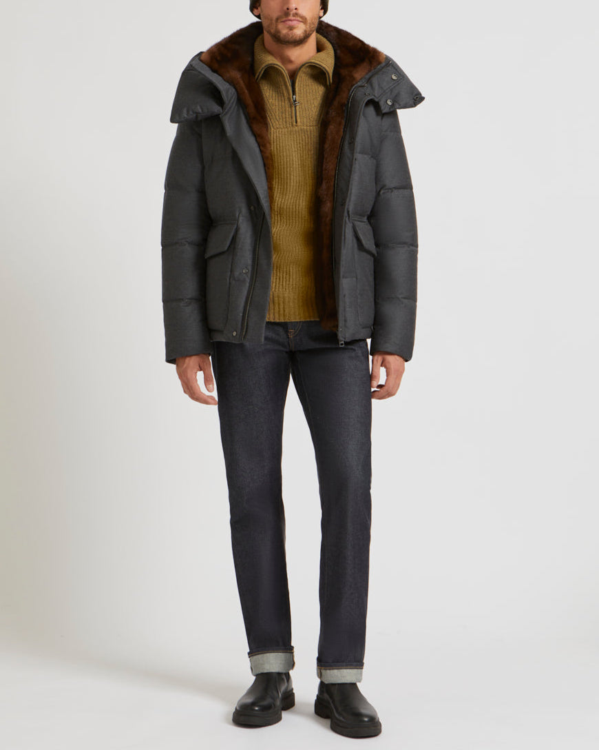 Black Friday - Yves Salomon - Short hooded waterproof wool and silk down jacket with mink fur collar - grey