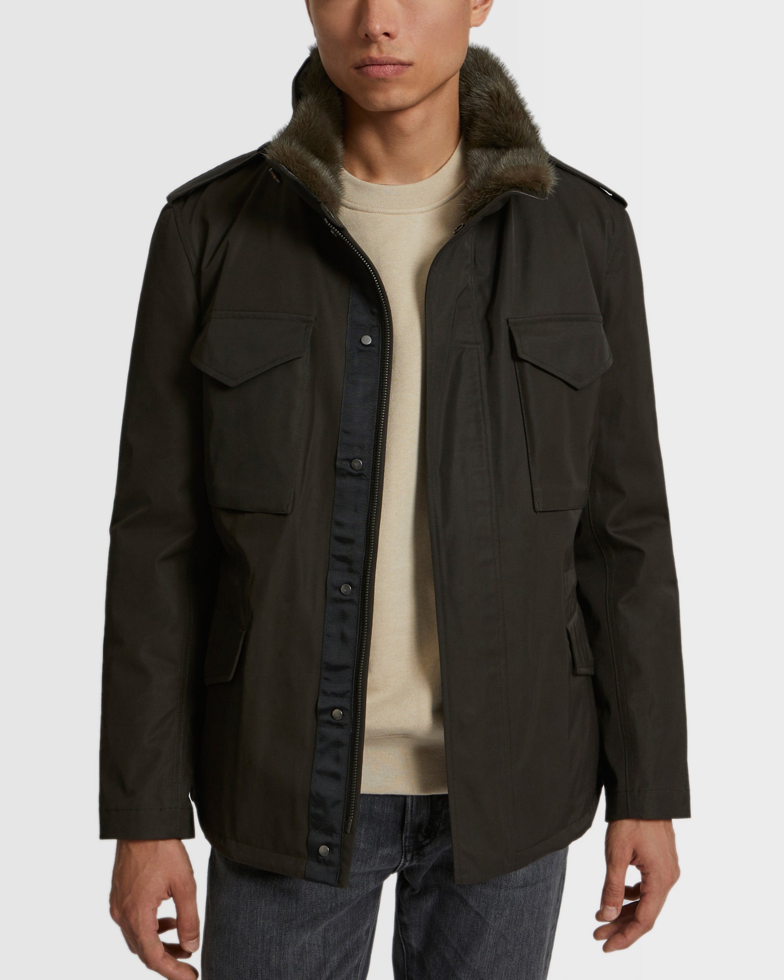 Technical Gabardine Field Jacket With Mink Collar - brown - Yves