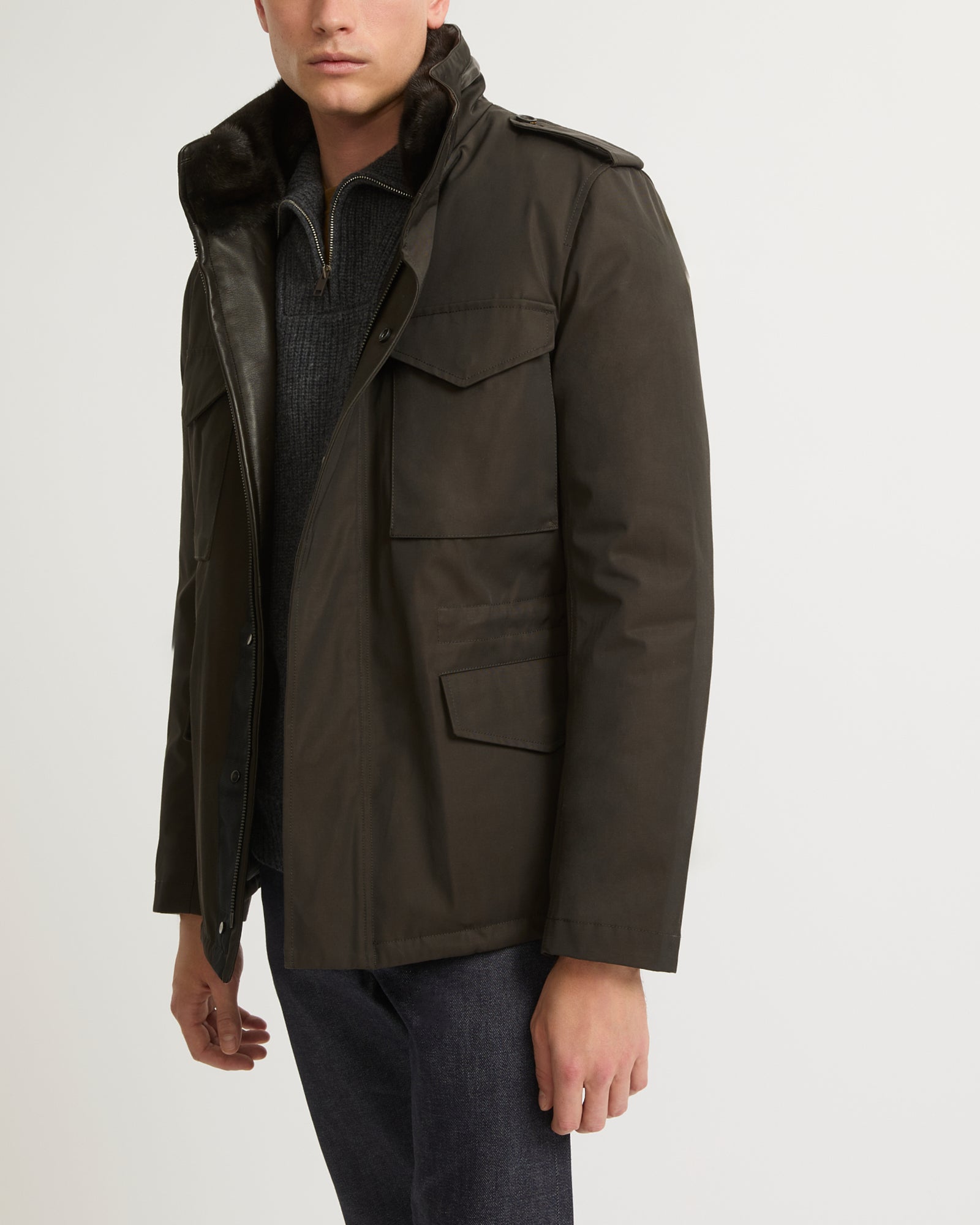 Technical Gabardine Field Jacket With Mink Collar - brown - Yves