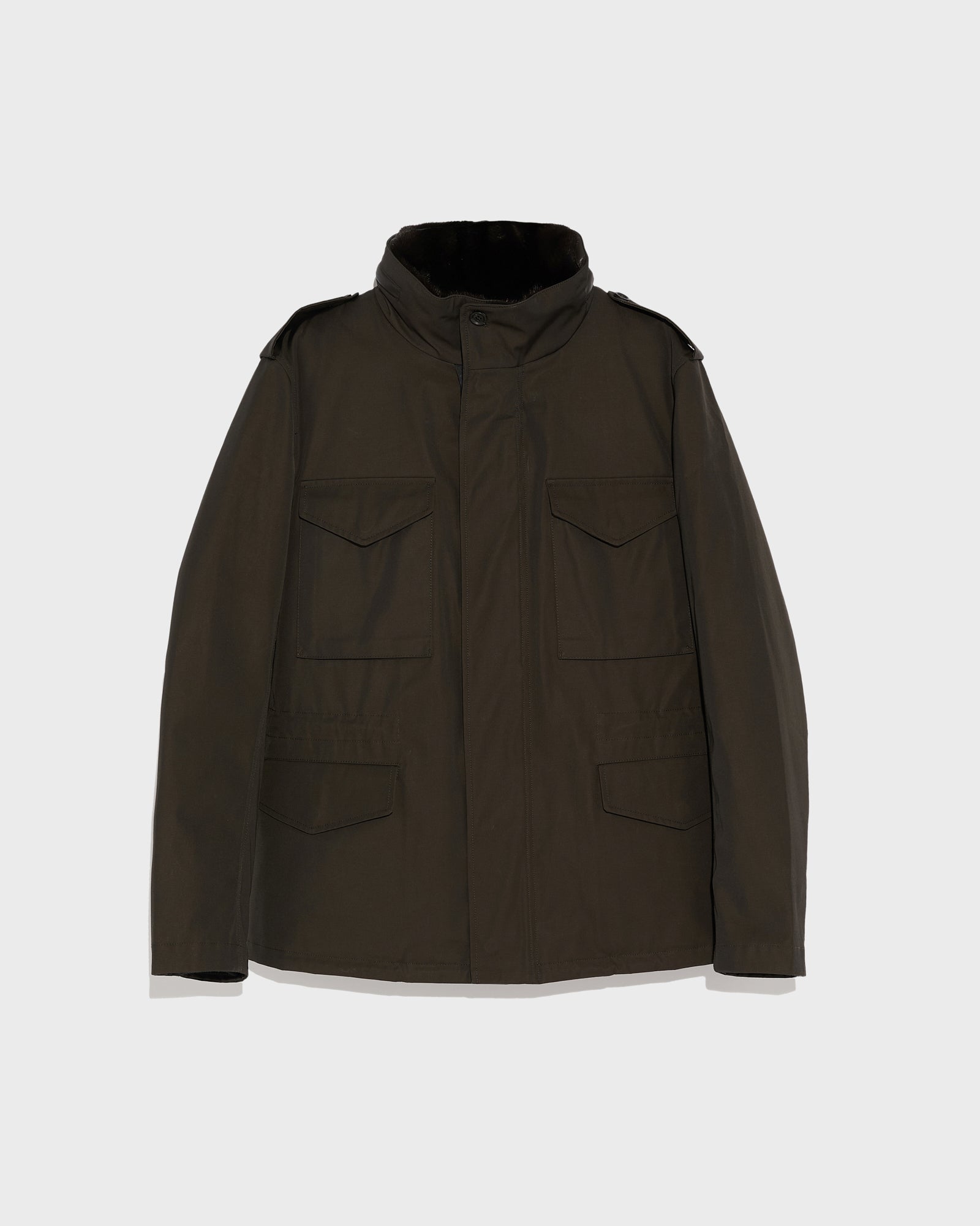 Technical Gabardine Field Jacket With Mink Collar - brown - Yves