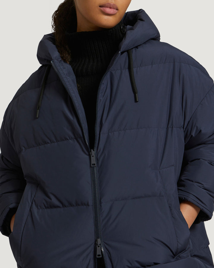 Long reversible hooded down jacket in waterproof technical fabric-Yves Salomon-Winter sale & boxing day