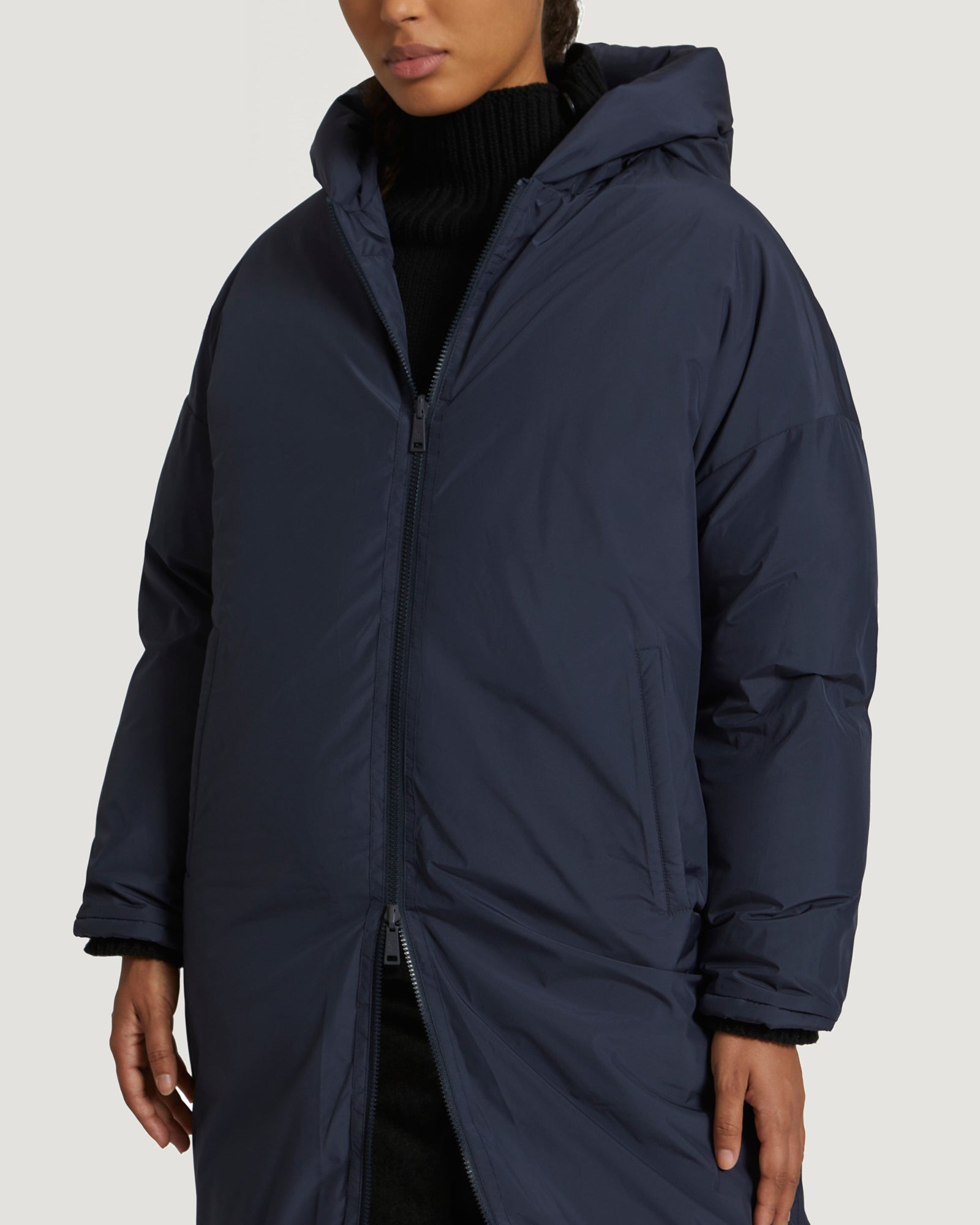 Long reversible hooded down jacket in waterproof technical fabric-Yves Salomon-Winter sale & boxing day