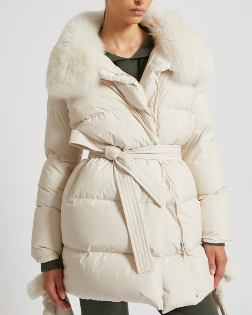 Belted down jacket in waterproof technical fabric with fox and