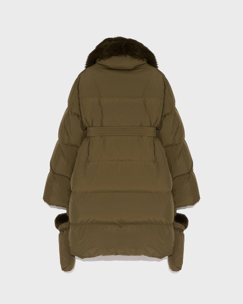 Belted down jacket in waterproof technical fabric with fox and rabbit fur
