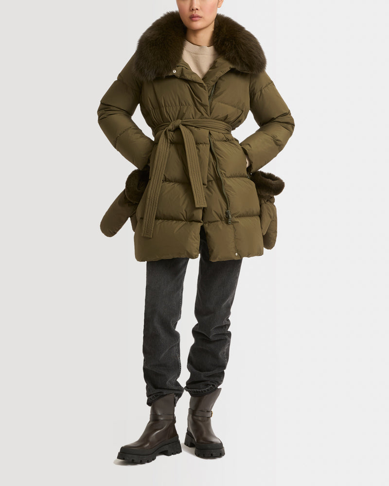 Belted down jacket in waterproof technical fabric with fox and rabbit fur