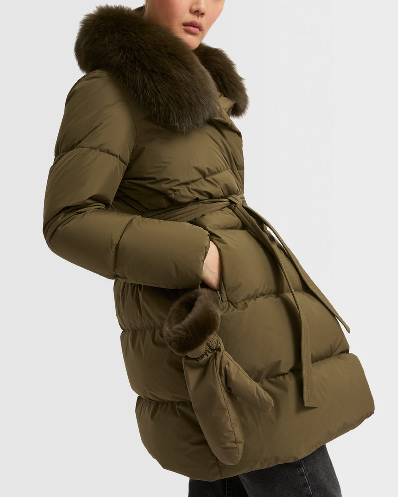 Belted down jacket in waterproof technical fabric with fox and rabbit fur