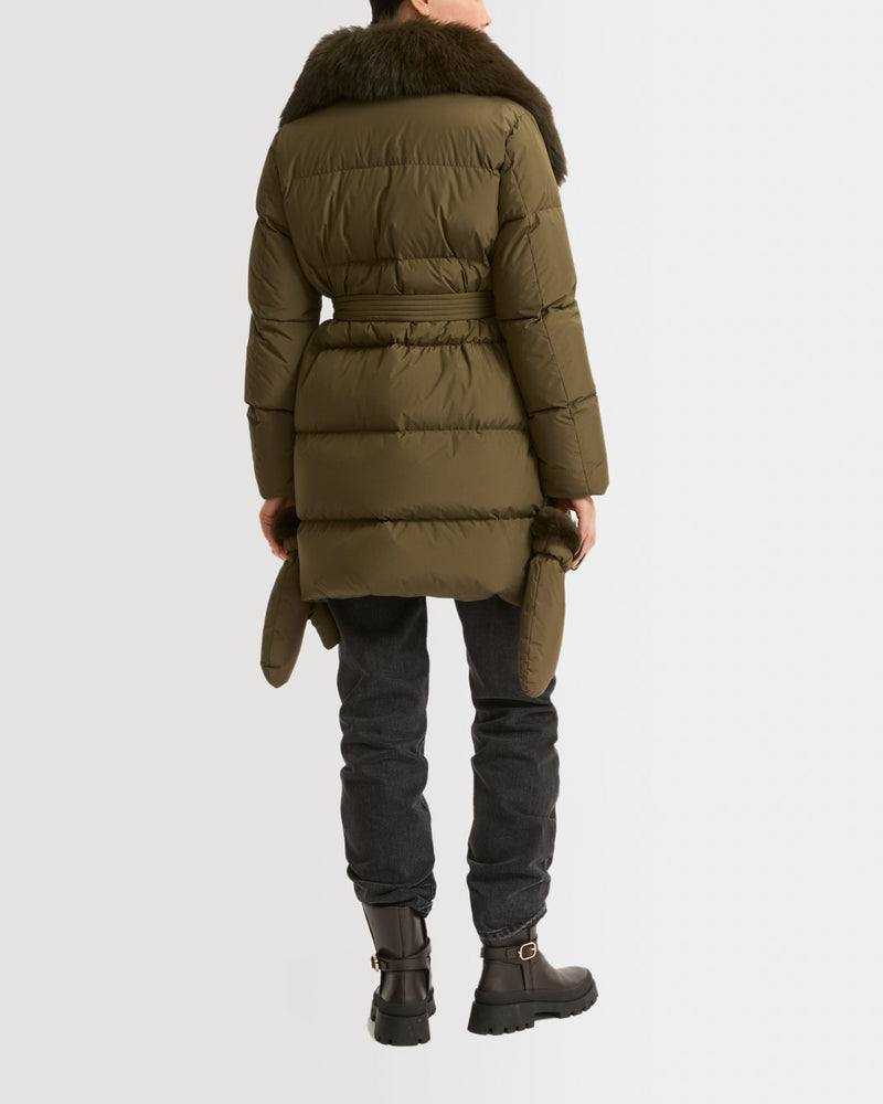Belted down jacket in waterproof technical fabric with fox and rabbit fur